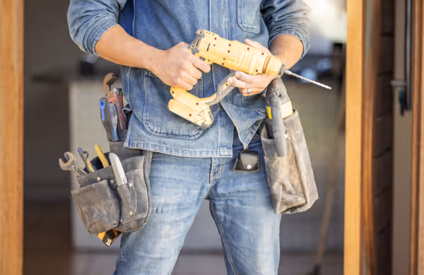 Person wearing denim shirt and jeans holding a yellow power drill with tool belts containing various hand tools.